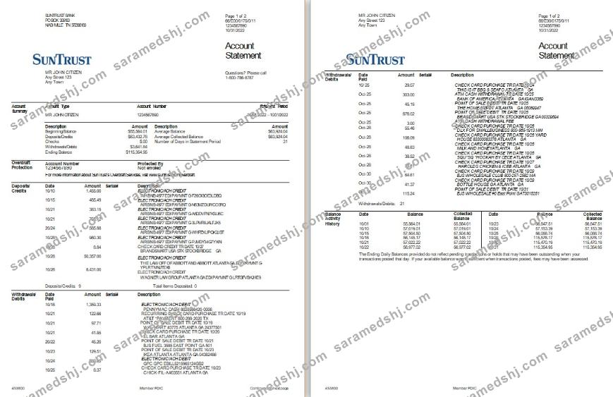 USA SunTrust bank statement, Word and PDF template, 2 pages
